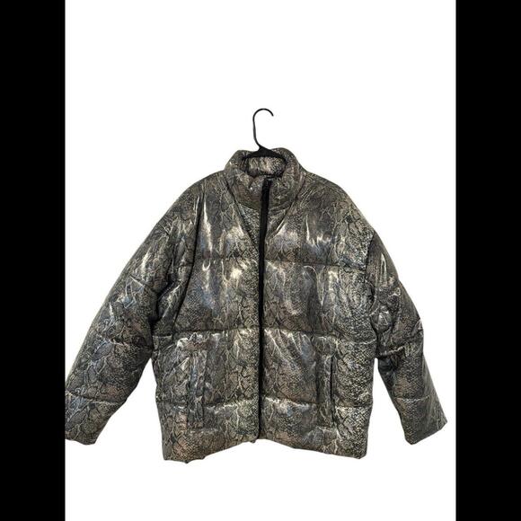 ASOS Chunky Snakeskin Puff Jacket Mens Medium  Black Shiny Techno Oversized Faux - Picture 1 of 9